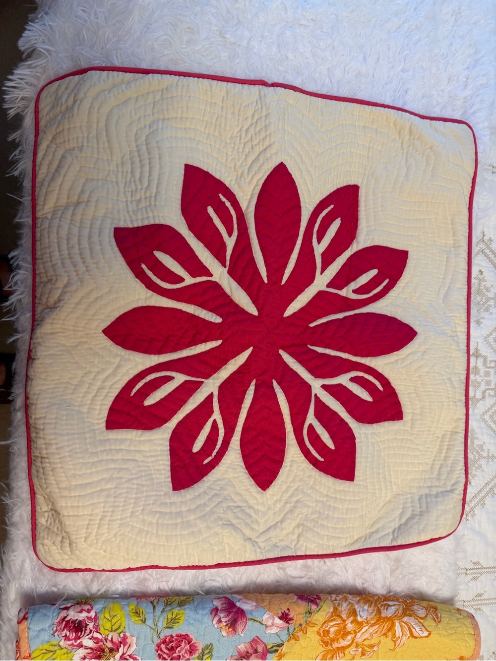 Cream Quilted Accent Pillow Cover with Red Floral Motif
